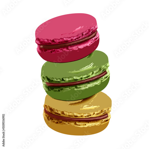 A stack of three colorful macarons with pink green and yellow on a white background in a still life style on transparent background