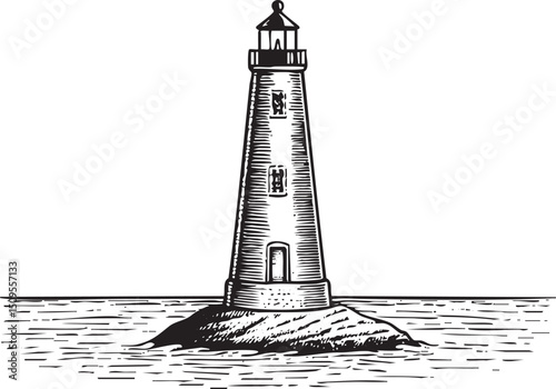 weathered lighthouse stands tall on a rocky island.