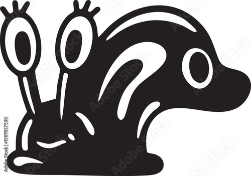 stylized black and white depicts a snail moving slowly across a smooth rounded surface.