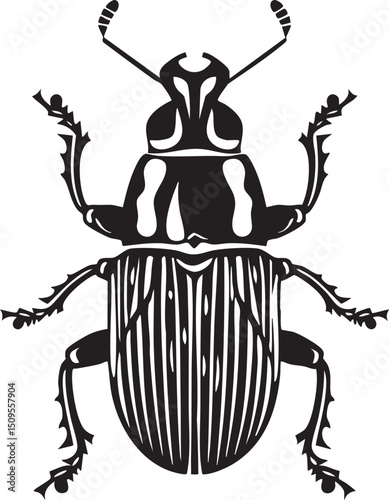 stylized black beetle stands upright on a white background.