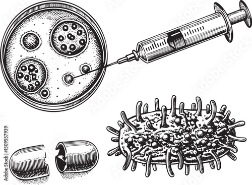 syringe injects a cellular culture with a magnified virus.