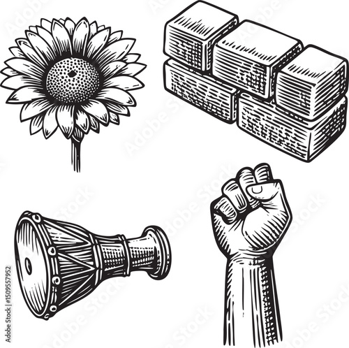 sunflower stacks of blocks a hand raised in defiance and a hookah.