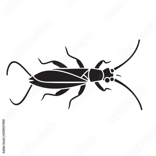 stylized black beetle rests on a white surface.