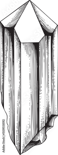 tall crystalline structure rises vertically with layered lines and a pointed apex.