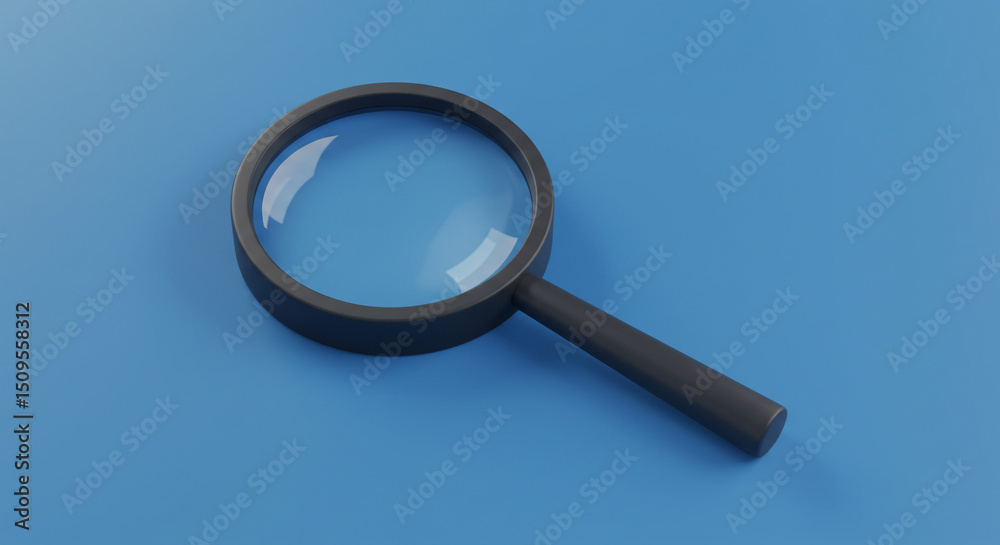 A simple image of a magnifying glass with a black frame and handle on a solid blue background surface A simple image of a magnifying glass with a black frame and handle on a solid blue background surface