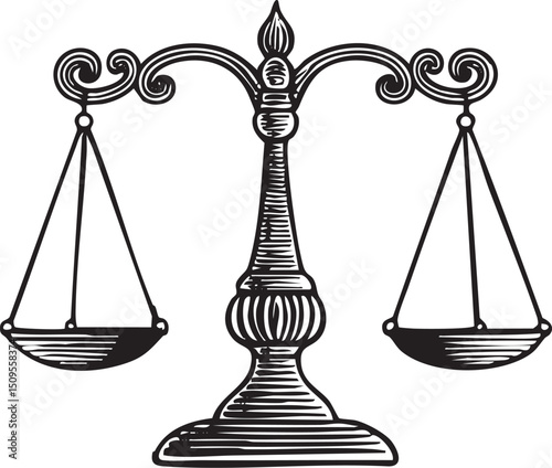 Classic black and white scales of justice stand upright.