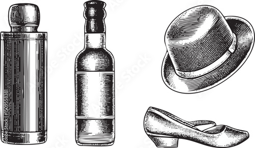 Vintage accessories – a bottle perfume flask hat and shoe.