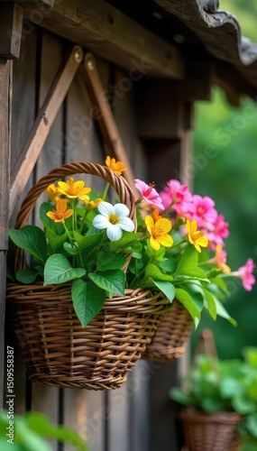A charming woven basket hangs from a rustic wooden beam, filled with lush greenery and colorful flowers  Perfect for spring, summer, or garden settings , decoration, house, floral arrangement