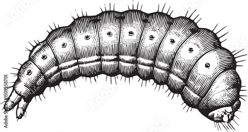 detailed monochrome of a segmented caterpillar crawls across a white surface.