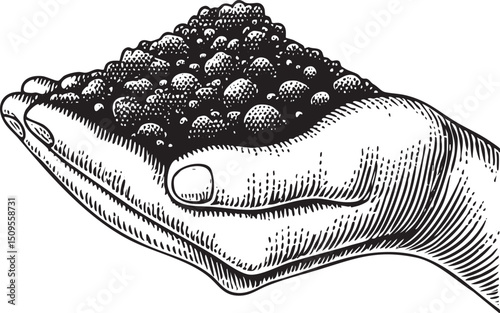 hand cradles a generous pile of dark glossy seeds.