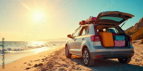 Wallpaper Mural A family's packed car, brimming with luggage and beach gear, ready for a summer road trip adventure Sun shines brightly on the vehicle, symbolizing excitement and vacation , relaxation, vacation Torontodigital.ca
