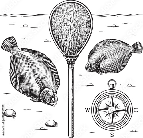 Two fish observe a fishing net and compass in water.