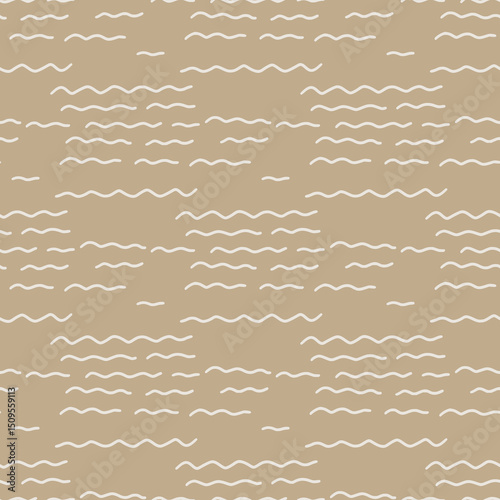 A repeating wave pattern in shades of blue on a beige background, creating a soothing visual effect