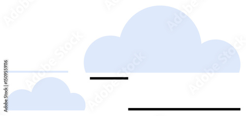 Large and small blue clouds hover with clean black and gray horizontal lines. Ideal for weather, data storage, minimalism, nature, design, abstraction, simplicity concepts. Clean flat simple metaphor