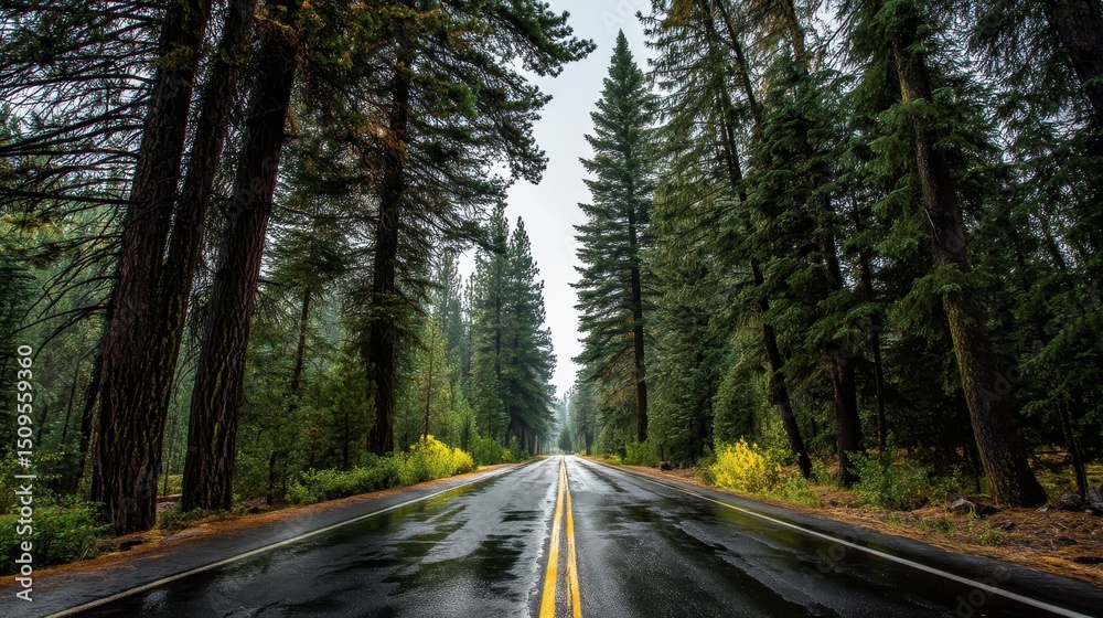 Fototapeta premium Serene Drive Through Majestic Pine Trees on a Rainy Day