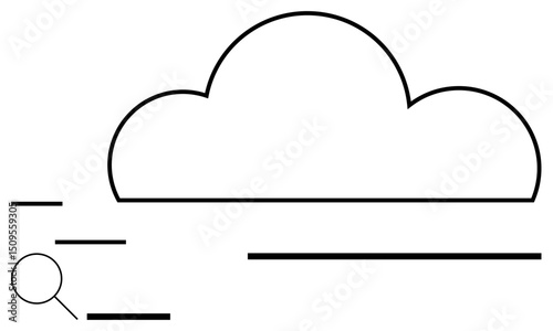 Minimalist cloud surrounded by horizontal lines symbolizing data transfer, magnifying glass to represent data search. Ideal for cloud computing, storage, analysis, security, search engines, data