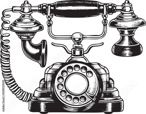 antique rotary telephone rests on a wooden table.