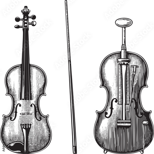 Two stringed instruments a violin and cello are displayed side-by-side in black and white.