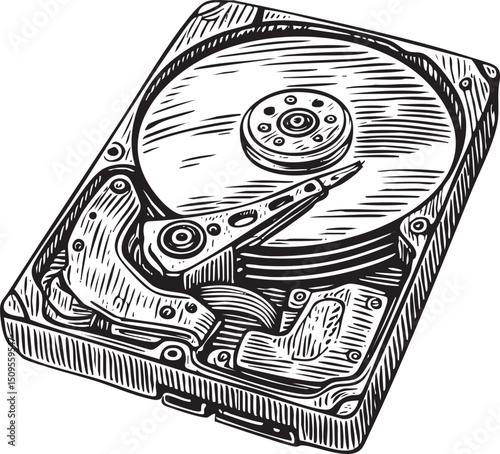 detailed of a hard disk drive rests on a surface.