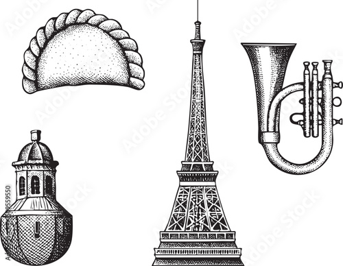 stylized showcases a pastry a tuba a tower and a building.