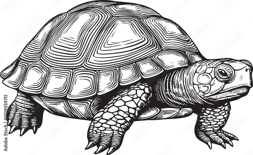 Fototapeta premium detailed black and white of a turtle slowly moving across a plain.