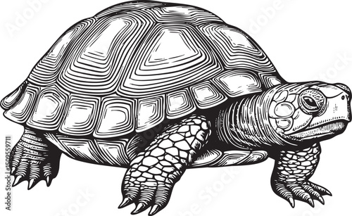 detailed black and white of a turtle slowly moving across a plain.