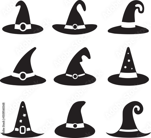 halloween witch hat set clipart, halloween witch hat set silhouette vector black and white