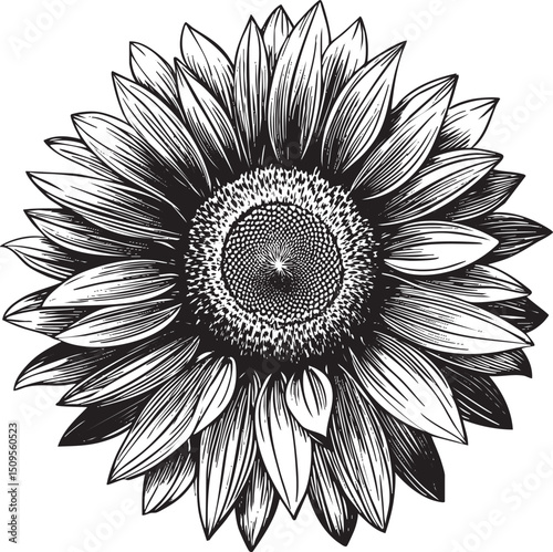 detailed black and white sunflower showcases its intricate petals and central disk.