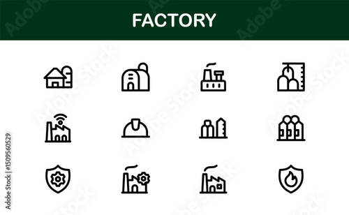 Factory Icon Set Representing Industry, Manufacturing, Machines, Production, and Automation Concepts in a Simple, Download-Ready Vector Format