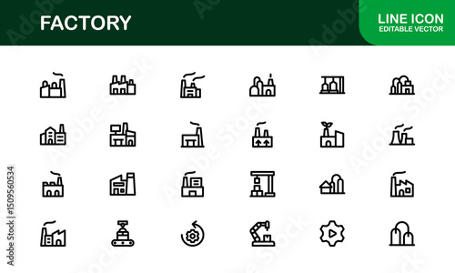 Factory Icon Set Representing Industry, Manufacturing, Machines, Production, and Automation Concepts in a Simple, Download-Ready Vector Format
