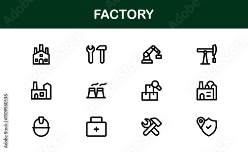 Factory Icon Set Representing Industry, Manufacturing, Machines, Production, and Automation Concepts in a Simple, Download-Ready Vector Format