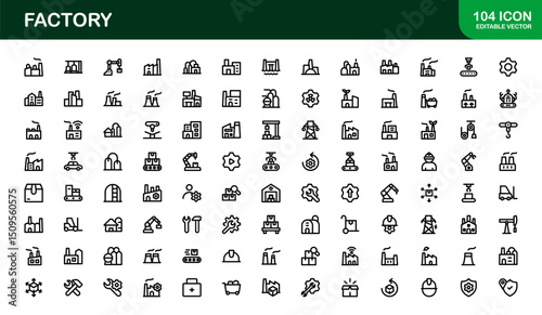 Factory Icon Set Representing Industry, Manufacturing, Machines, Production, and Automation Concepts in a Simple, Download-Ready Vector Format