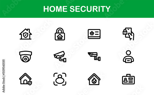 Home Security Icon Set Featuring Surveillance, Alarm, Lock, Camera, and Monitoring Concepts in a Clean, Professional, SEO-Optimized Vector Style