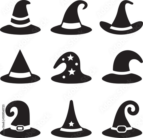 halloween witch hat set clipart, halloween witch hat set silhouette vector black and white