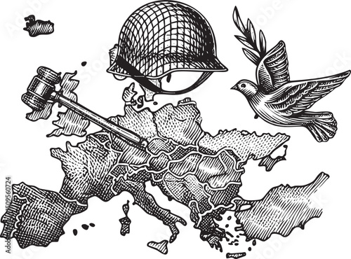 military helmet cradles a map of Europe with a symbolizing peace ascending.