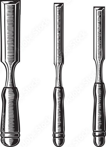 Three wooden chisels are displayed vertically.