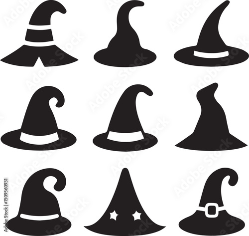 halloween witch hat set clipart, halloween witch hat set silhouette vector black and white