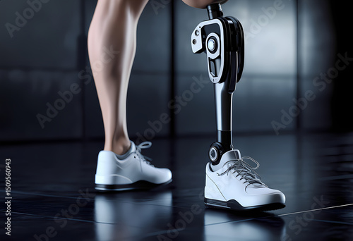 Close-up of a person's legs with high-tech prosthetics,