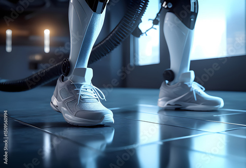 Close-up of a person's legs with high-tech prosthetics,