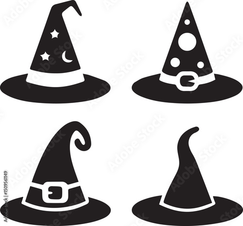 halloween witch hat set clipart, halloween witch hat set silhouette vector black and white