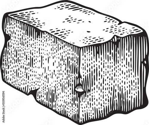 textured block of cheese sits on a wooden surface.