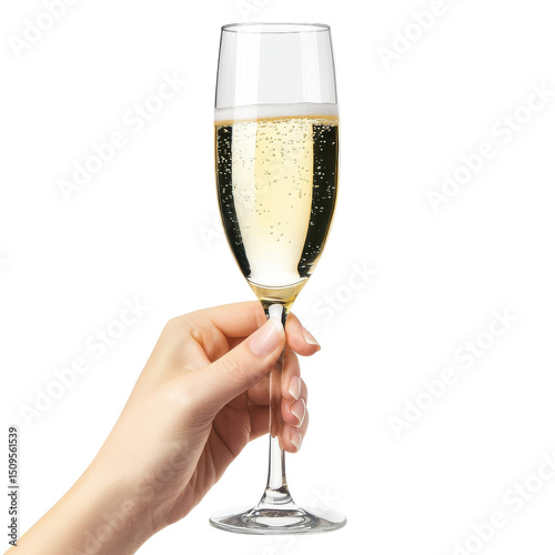 Hand elegantly holds sparkling glass of champagne, showcasing effervescence and golden hue of drink, perfect for celebrations