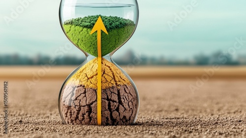Hourglass with Green and Brown Sand on Cracked Earth, Rural Background