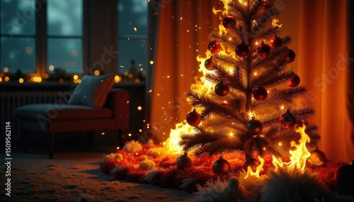 Flames engulf a decorated Christmas tree, sparks flying amidst ornaments and tinsel  The scene depicts a devastating holiday fire, highlighting the danger of flammable decorations ,  burning,  blaze photo