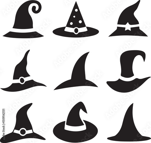 halloween witch hat set clipart, halloween witch hat set silhouette vector black and white