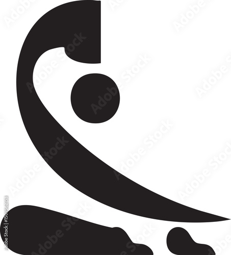 stylized black telephone handset rests on a white surface.