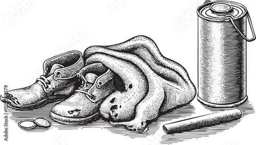 pair of worn leather boots rests on a cloth alongside shoemaker’s tools.