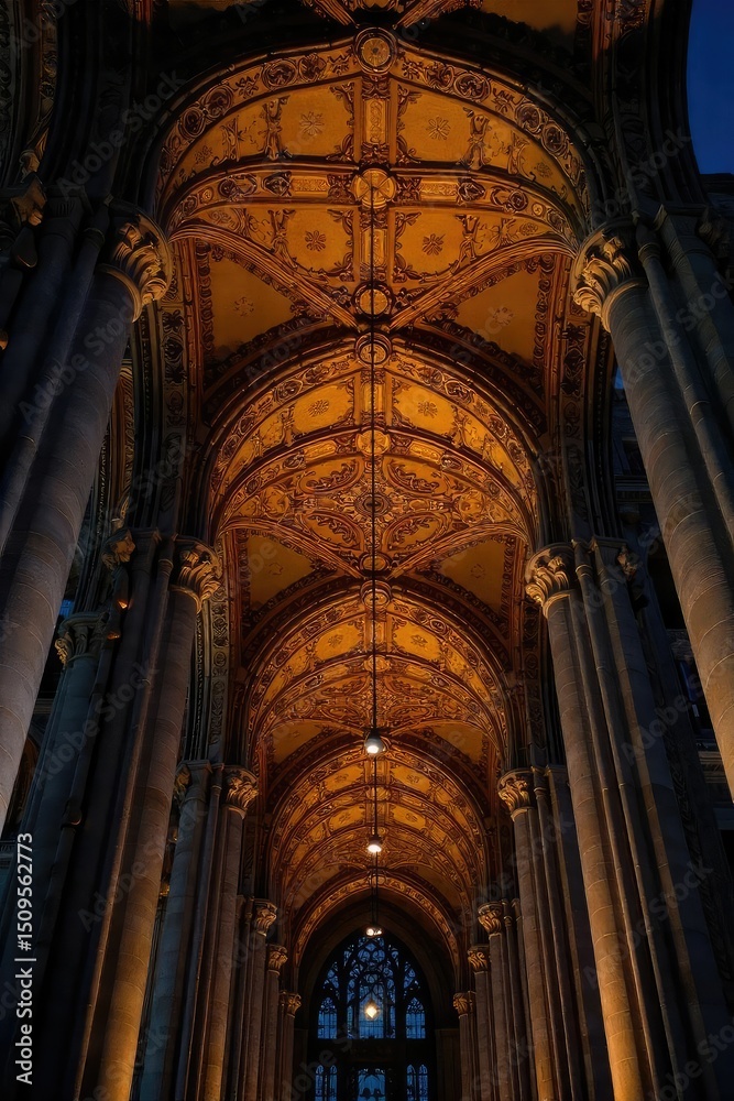 Intricate ceiling details are dramatically lit at night, casting intriguing shadows and highlighting architectural artistry The image evokes a sense of mystery and elegance , room, silver, dark Intricate ceiling details are dramatically lit at night, casting intriguing shadows and highlighting architectural artistry The image evokes a sense of mystery and elegance , room, silver, dark