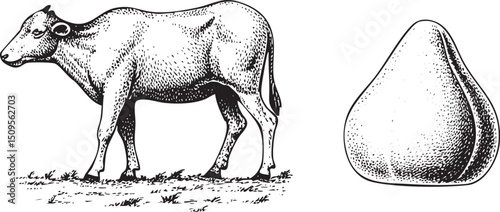 young calf stands beside a stylized pear.