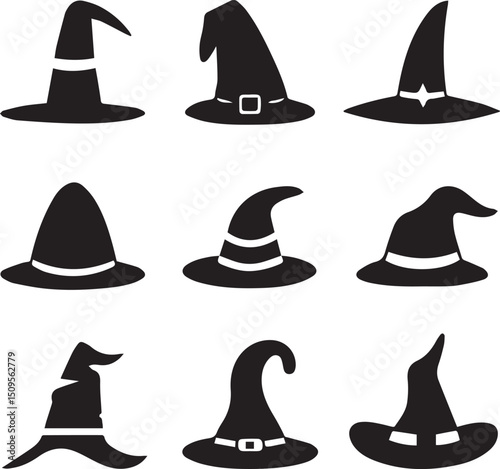 halloween witch hat set clipart, halloween witch hat set silhouette vector black and white